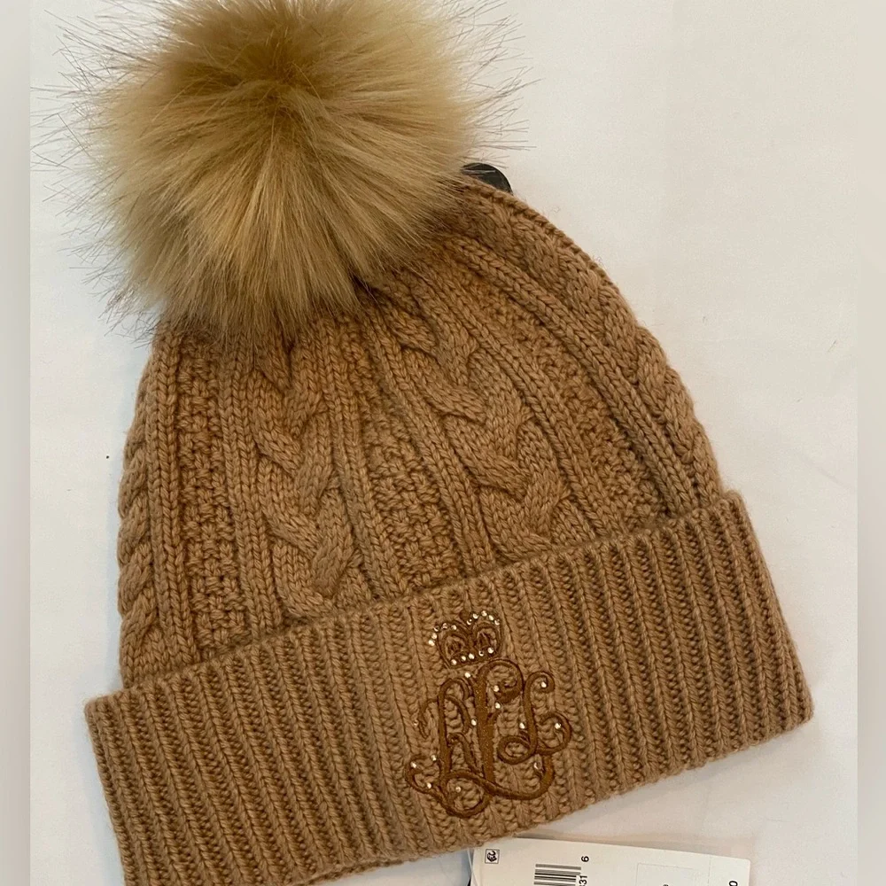 Lauren Ralph Lauren Tan Logo Direct Embroidery & Stones Cable knit Hat Beanie - Picture 3 of 3
